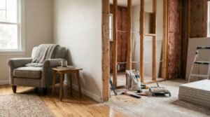 Home renovation in progress showing a finished living area beside an unfinished room with exposed wall framing and construction tools