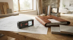 Laser distance meter placed on architectural blueprints beside a leather document holder on a wooden workbench in a home construction and renovation workspace