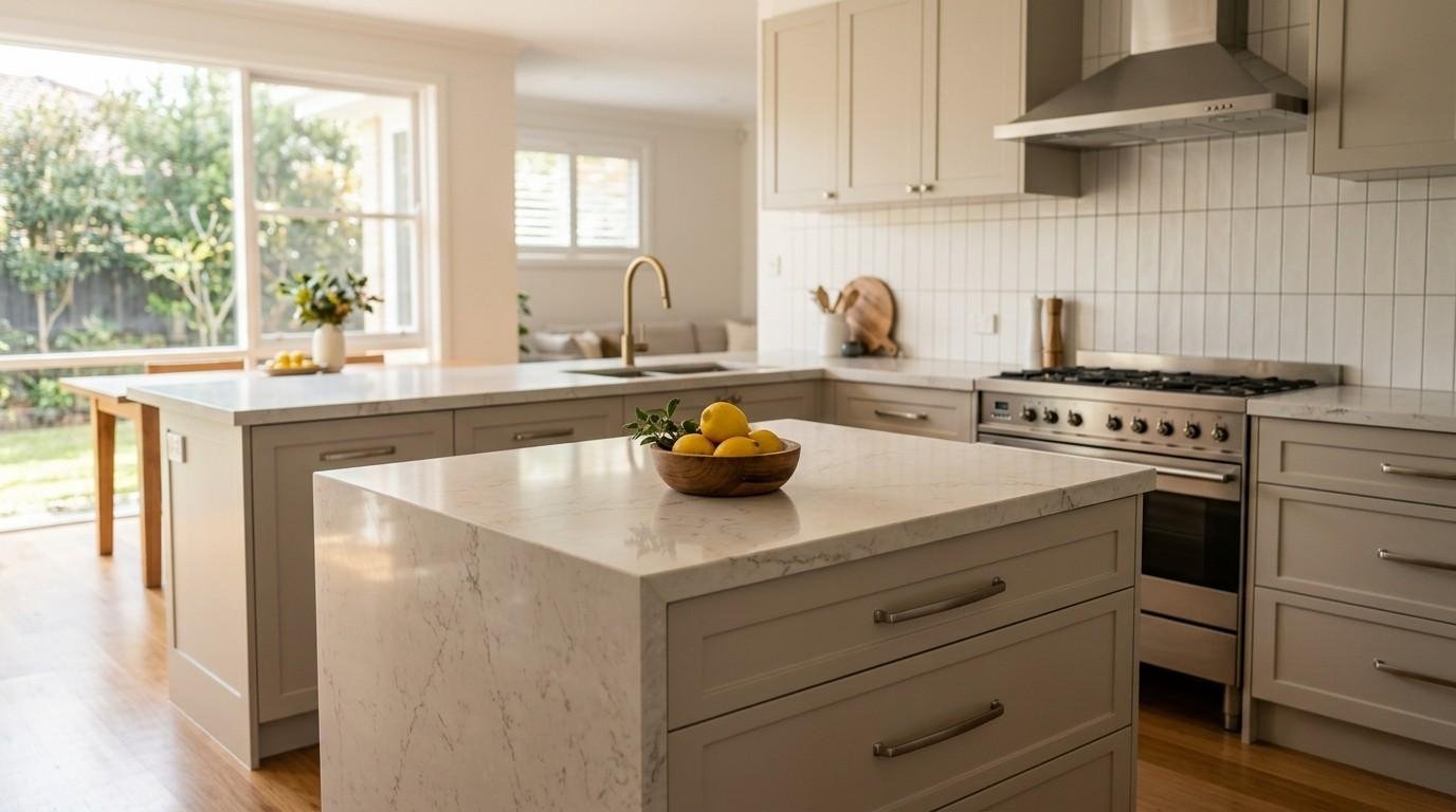 Transitional kitchen with a white quartz island, shaker cabinets, stainless steel range, and large windows with natural light