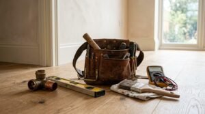Professional contractor tools, leather tool belt, spirit level, and electrical multimeter on a hardwood floor during a home renovation