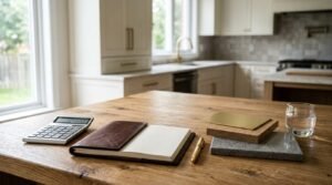 Calculator, open notebook, gold pen, and countertop material samples on a wooden table with a modern kitchen background