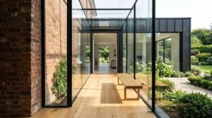 Modern glass corridor connecting a brick home to a contemporary extension with landscaped garden views