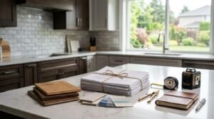 Kitchen renovation planning with blueprints, wood samples, paint swatches, and measuring tools on a modern kitchen island