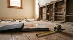 Tile samples and a tape measure on the floor of a room undergoing home renovation with exposed wall framing and construction tools