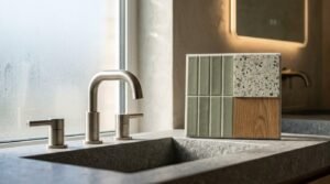 Modern bathroom vanity with brushed nickel faucet, stone sink, and tile, terrazzo, and wood finish samples