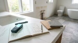 Bathroom renovation planning with design sketches, laser measuring device, and tile samples on a vanity countertop in a partially remodeled bathroom