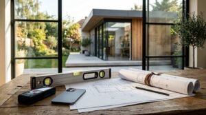 Home renovation planning with architectural blueprints, contractor tools, and a modern house extension in the background