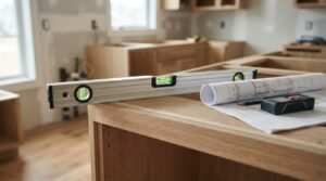 Spirit level, rolled architectural blueprints, and digital measure sitting on custom wood kitchen cabinet frames