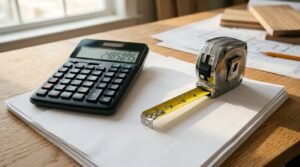 Home renovation cost estimation with calculator, tape measure, and project documents on a contractor's planning desk