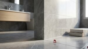Close-up of newly installed large-format grey marble-look porcelain tiles on a bathroom partition wall and floor, featuring red tile leveling clips and boxes of tiles in the background near a floating wood vanity.