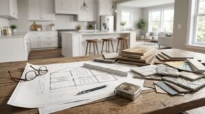 Home renovation planning with kitchen design blueprint, material samples, and remodeling tools on a wooden table
