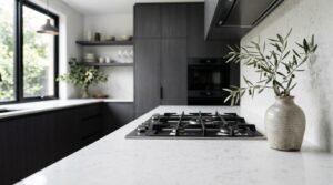 Modern kitchen renovation with stone benchtop, gas cooktop, and contemporary dark cabinetry