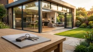 Modern home extension with large sliding glass doors, open plan living, property brochure, and house keys