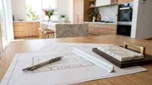 Kitchen floor plan blueprints with drafting ruler, marble sample, and brass cabinet hardware handle on a wooden table