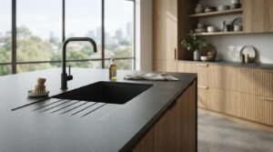 Matte black granite countertop with undermount sink, integrated drain grooves, and gooseneck faucet on a fluted wood island