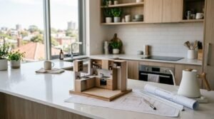 Small kitchen layout design with scale model, architectural floor plans, and modern kitchen renovation concept
