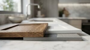 Natural wood, white shaker, and grey wood grain cabinet door samples displayed on a white marble kitchen countertop