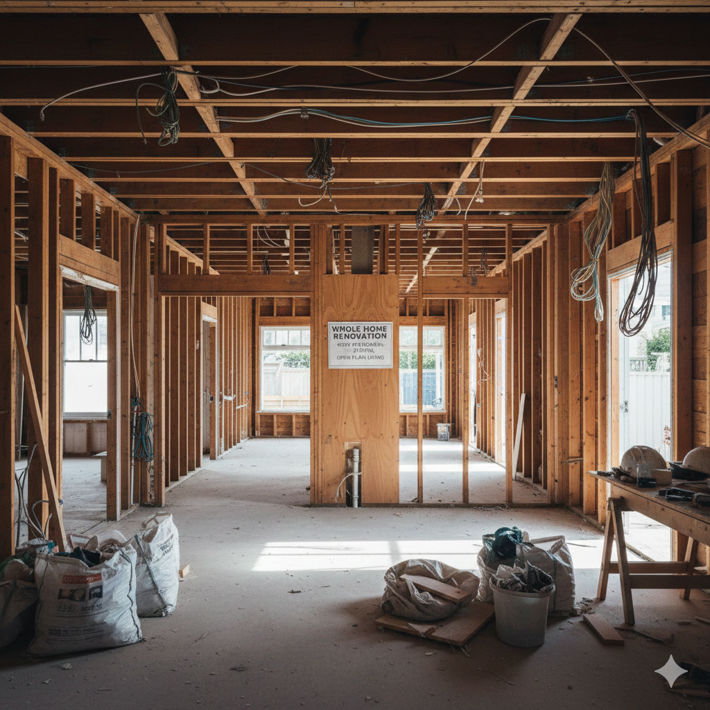 exposed framing, removed walls, visible services