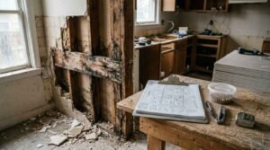 Kitchen renovation demolition with exposed wall framing, construction plans, and remodeling tools in an unfinished kitchen