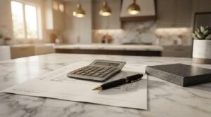 Calculator, luxury pen, quote sheet, and dark quartz sample on a marble island in a warm, modern kitchen