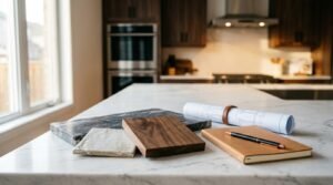 Kitchen renovation planning with material samples, architectural blueprint, and modern marble island benchtop