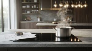 Stainless steel pot boiling water on a sleek black induction cooktop with floor plan blueprints and measuring tape