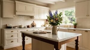 Traditional white kitchen with a marble island, fresh flower arrangement, and brass fixtures in natural light