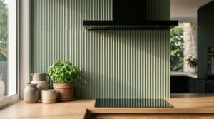 Modern kitchen with fluted green splashback tiles and contemporary timber cabinetry