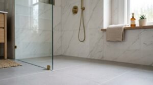 Elegant walk-in shower tiling in a small bathroom featuring large-format marble wall tiles, brushed brass hardware, grey floor tiles, and a frameless glass panel
