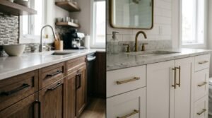 Side-by-side comparison of dark wood grain kitchen cabinets with black handles and white bathroom shaker cabinets with brass hardware