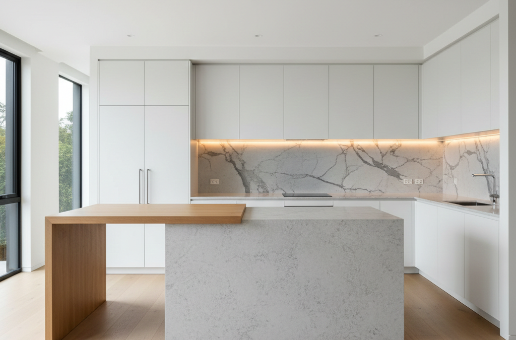 Modern Sydney kitchen with engineered stone waterfall island and timber benchtop extension.