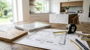 Kitchen renovation planning with blueprint, marble sample, wood countertop, and measuring tape on a modern kitchen island