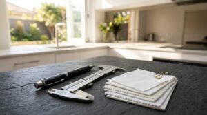 Home extension material planning with measuring tools, material samples, and a modern kitchen renovation workspace