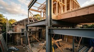 Home extension under construction with structural steel beams, timber framing, and second story residential addition