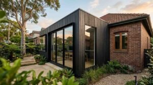 Modern home side extension renovation with black vertical cladding, large aluminum sliding glass doors, and landscaped garden