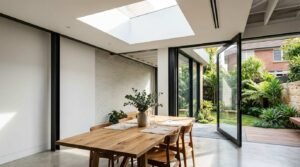 Modern side extension dining room with large aluminum sliding glass doors, skylight, and seamless indoor outdoor living