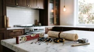 Kitchen renovation tools on marble island with blueprints, spirit level, screwdrivers, and measuring tape