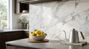 Modern kitchen with marble splashback, stone benchtop, and premium backsplash materials