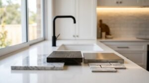 Kitchen materials and finishes display with countertop samples, wood finish, tile swatches, and modern kitchen design