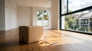 New home move in with moving box, house keys, and pen inside a modern residential property