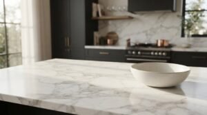 Off-white ceramic bowl on a white veined marble kitchen island with dark cabinets and gas range in the soft-lit background