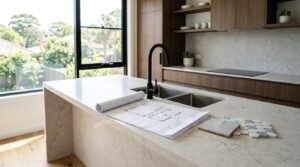 Modern kitchen renovation with stone island benchtop, architectural floor plan, and tile samples in a contemporary home