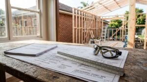 Home extension construction project with architectural blueprints, safety glasses, and timber framing on a residential building site