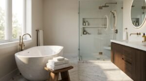 Luxury modern bathroom with freestanding marble bathtub, glass walk-in shower, floating wood vanity, and marble flooring in a contemporary home renovation