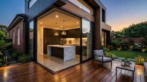 Modern home rear extension with floor-to-ceiling glass doors opening to a contemporary kitchen and timber deck at dusk