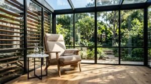 Modern glass sunroom with a comfortable lounge chair overlooking a lush landscaped garden