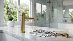 Brushed gold bathroom faucet on a white marble vanity with house keys and home design photos in a modern luxury bathroom renovation