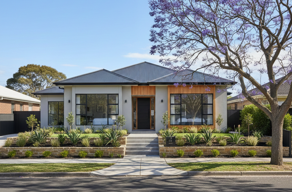 updated facade, clean lines, landscaped front yard