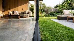 Open-plan living room with large sliding glass doors connecting to a landscaped backyard and outdoor patio