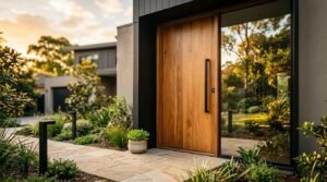 Modern timber front entry door with full-height glass sidelight and landscaped garden pathway